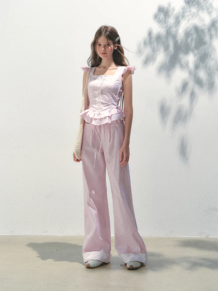 Vertical Striped Drawstring Waist Pink - Blue Pants