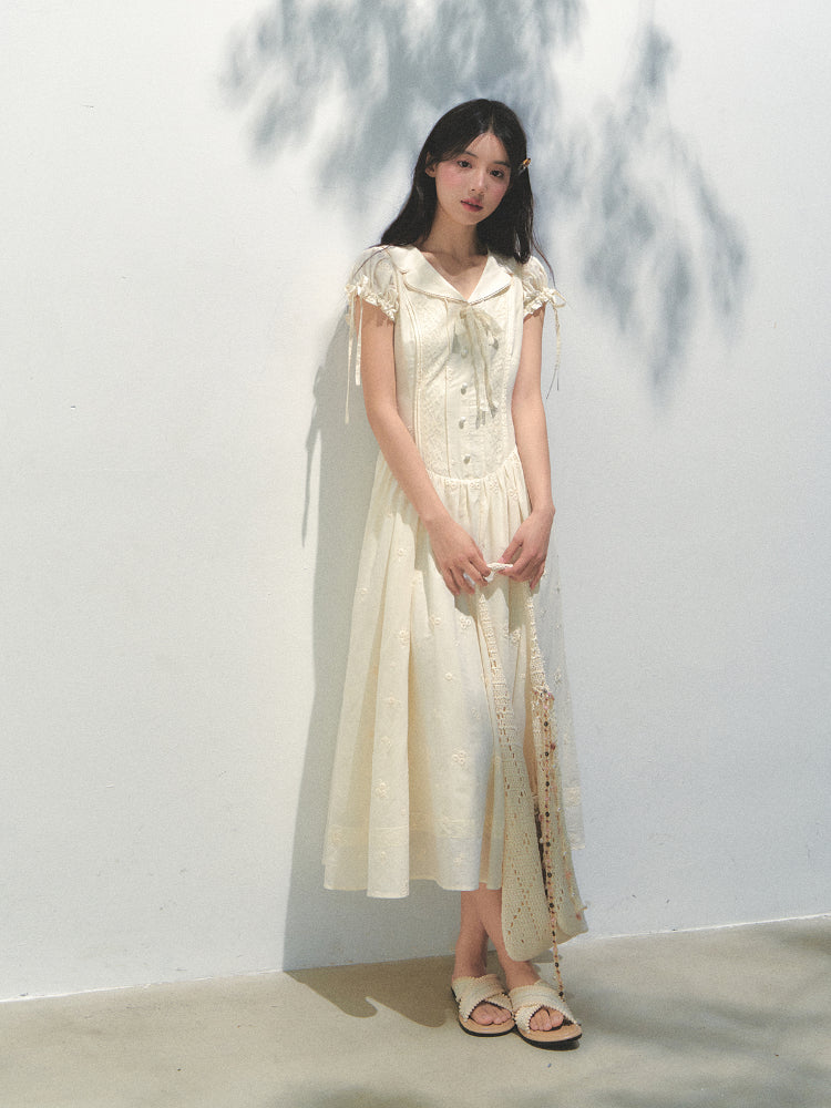 Embroidered Shirt-Collar Tea-Break Dress