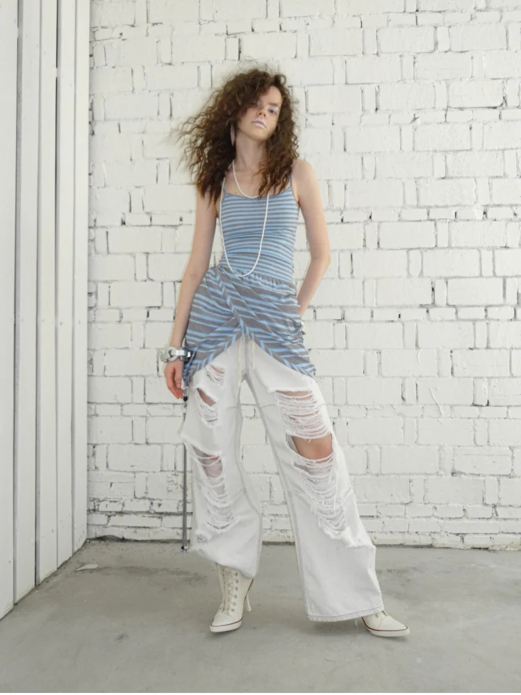 Blue-Gray Striped Two-Way Beaded Swing Collar Tank Top
