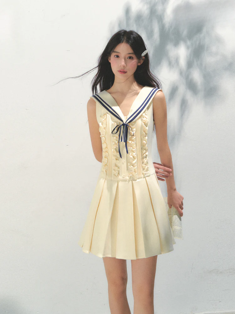 Detachable Sailor-collar Pleated Dress