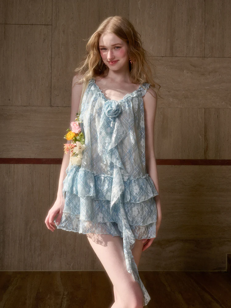 Lace Flower Ruffle Camisole Dress