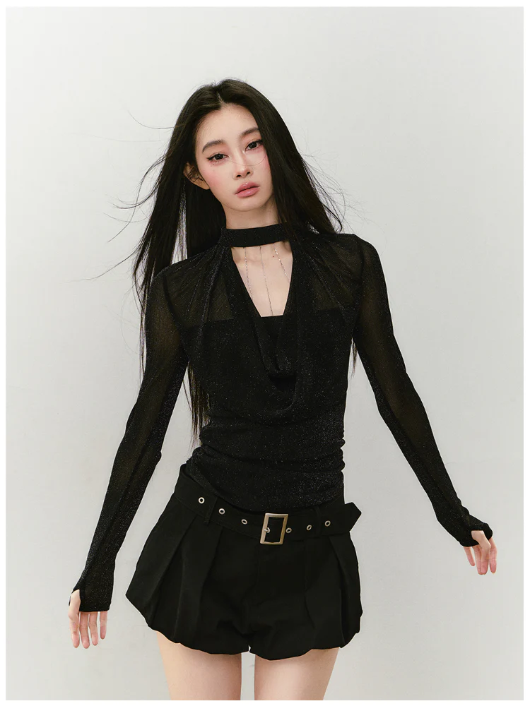 Chain Halter Draped Neck Fitted T-shirt