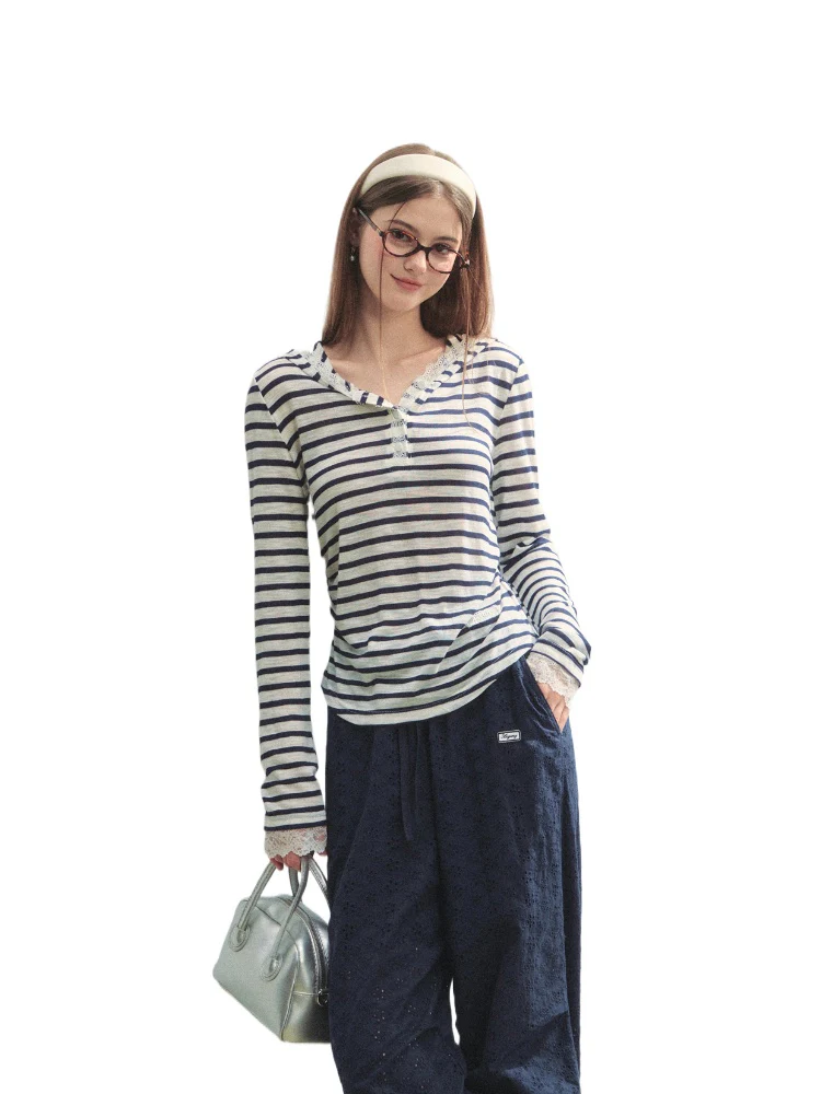 Striped Color-block Lace Spliced T-Shirt