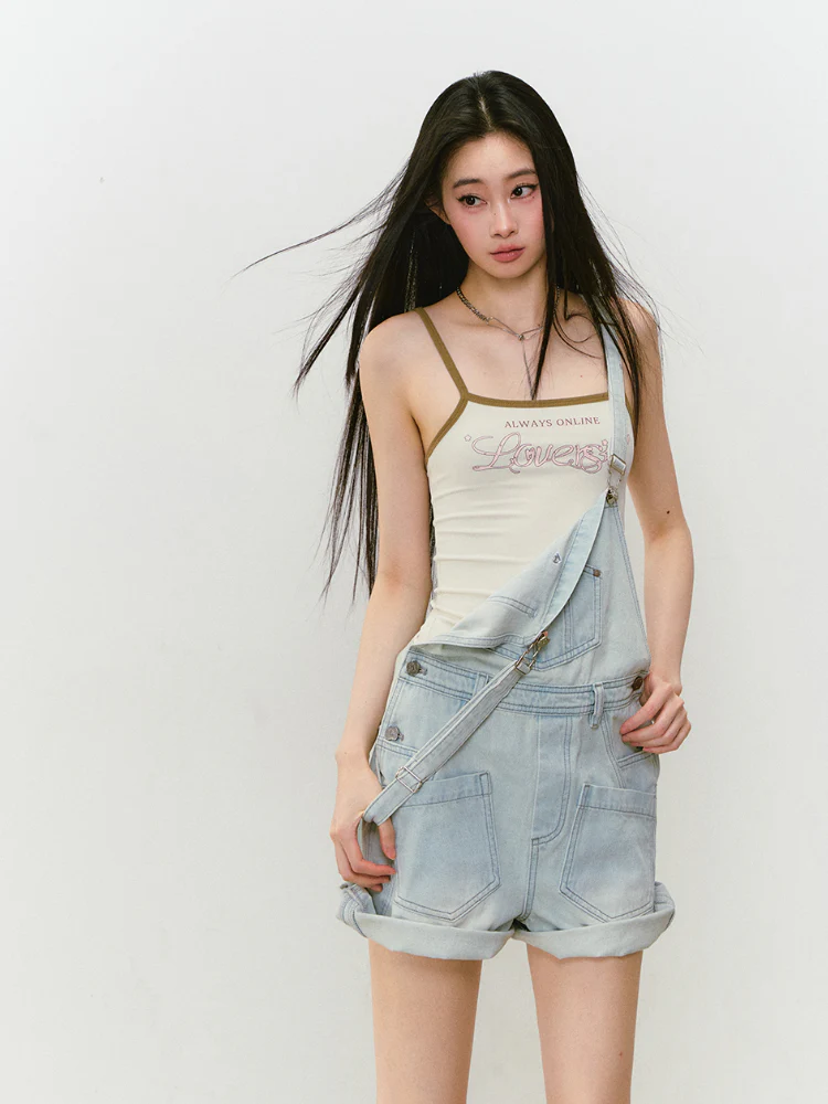 Light Blue Denim Loose Overalls Shorts