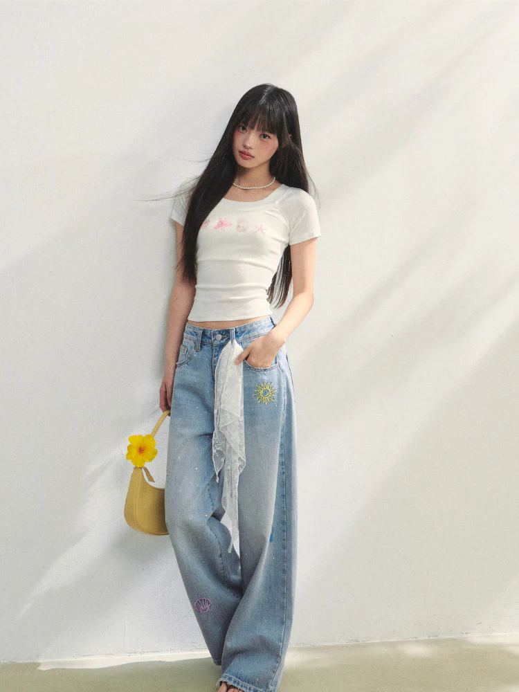 Embroidered Denim Wide-Leg Pants