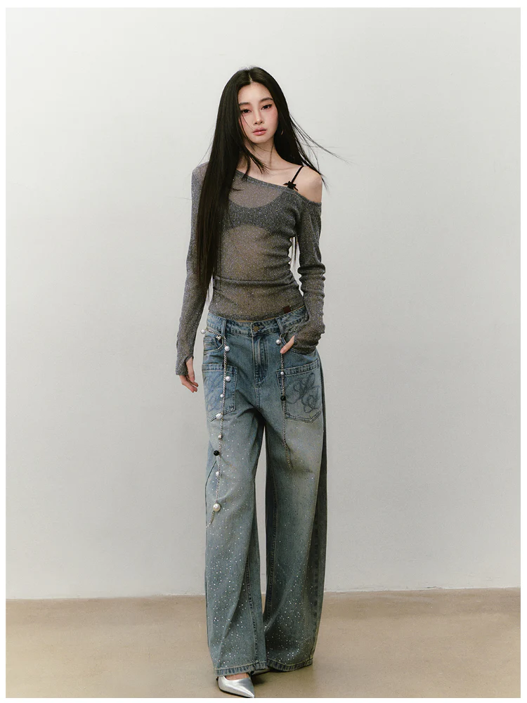 Hot-fix Rhinestone Asymmetric Shoulder Fitted T-shirt