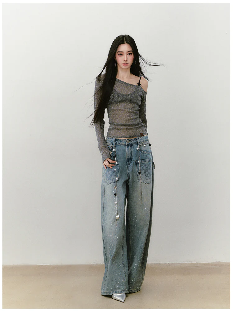 Hot-fix Rhinestone Asymmetric Shoulder Fitted T-shirt