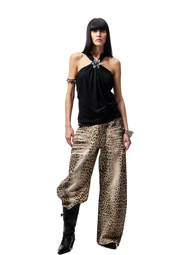 Washed Leopard Print Canvas Curved Pants
