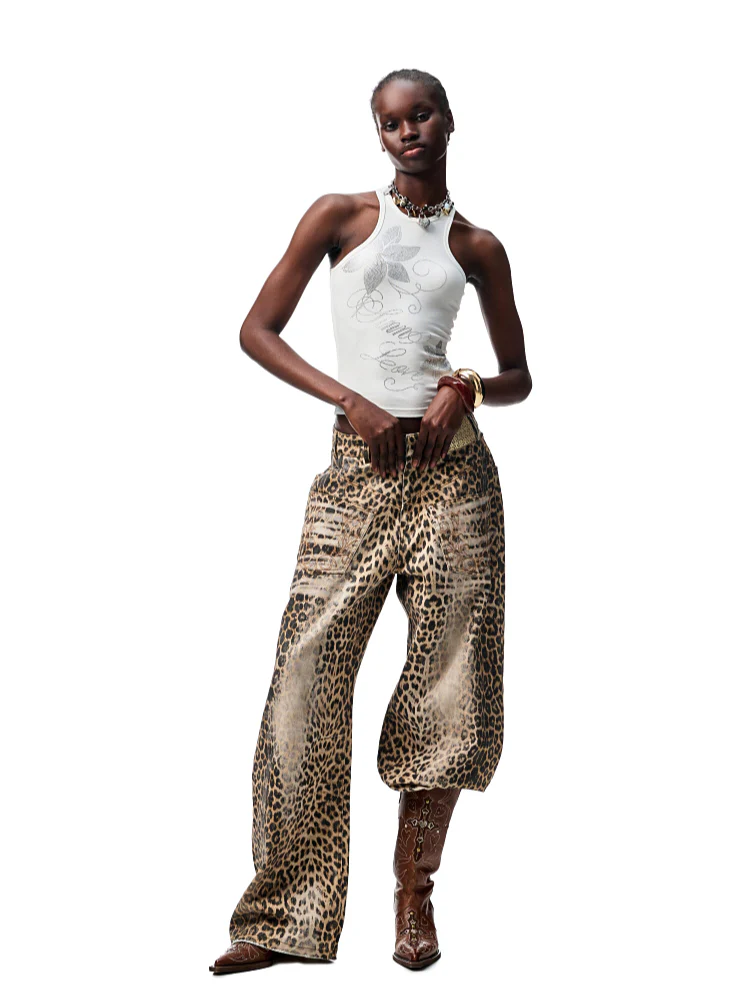 Washed Leopard Print Canvas Curved Pants
