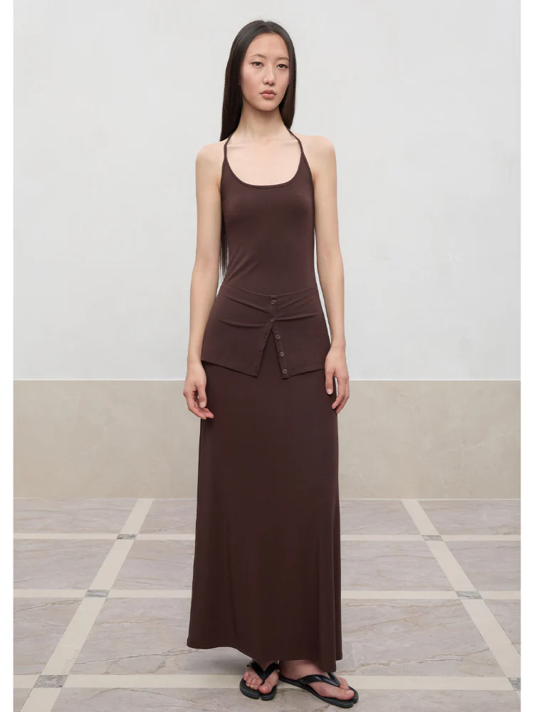 Deep U-Neck Button-Strapped Dress