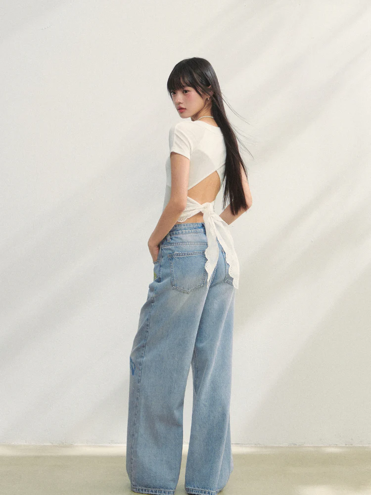Embroidered Denim Wide-Leg Pants