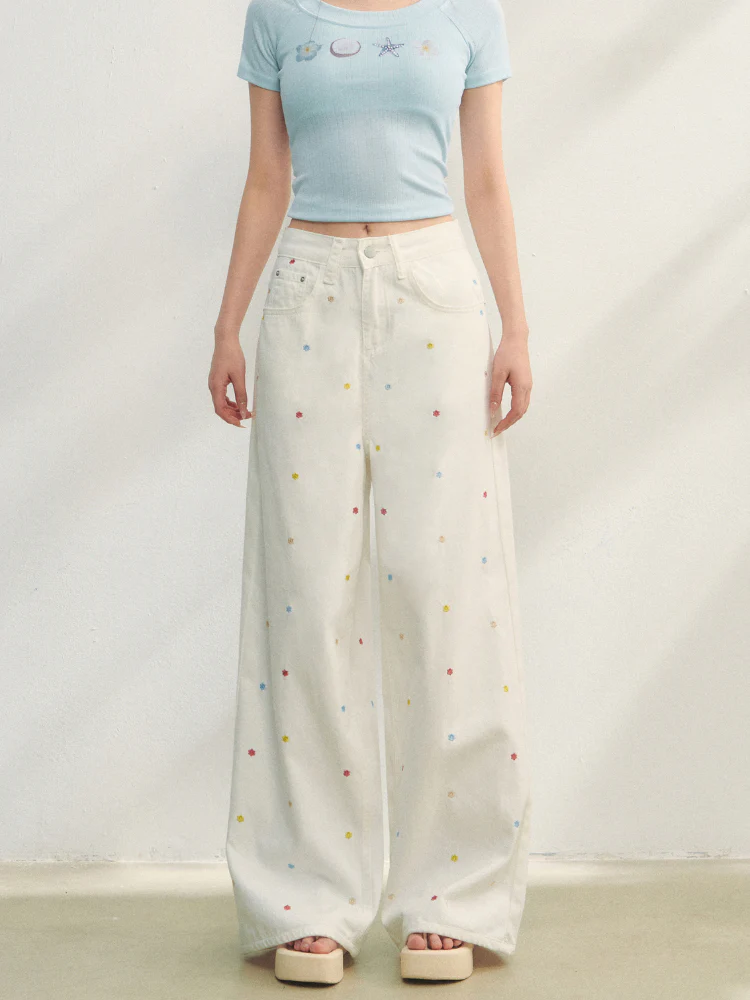 Colorful Floral Embroidered Straight-Leg Jeans