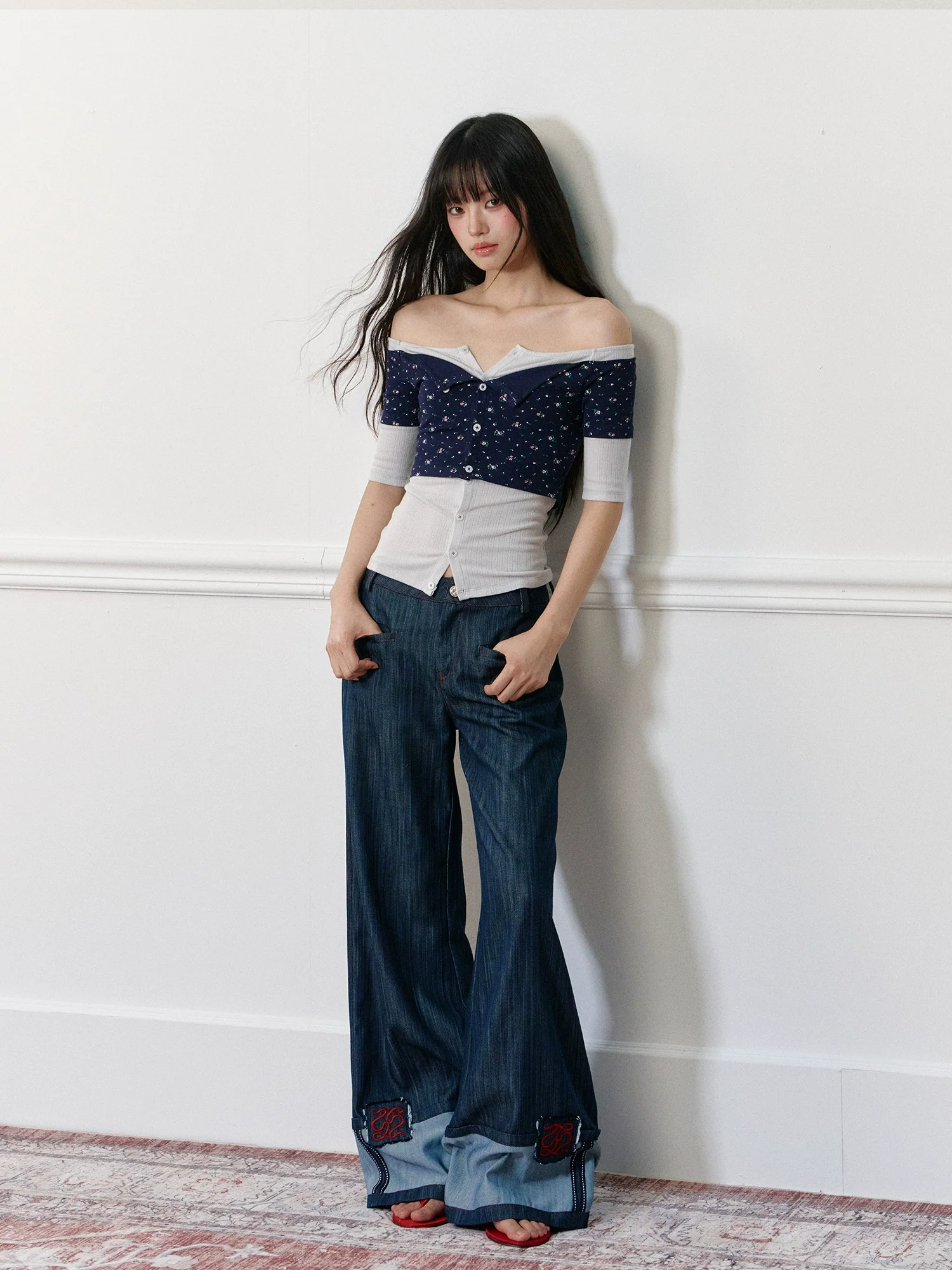 Applique Embroidered Cuffed Color - Block Jeans