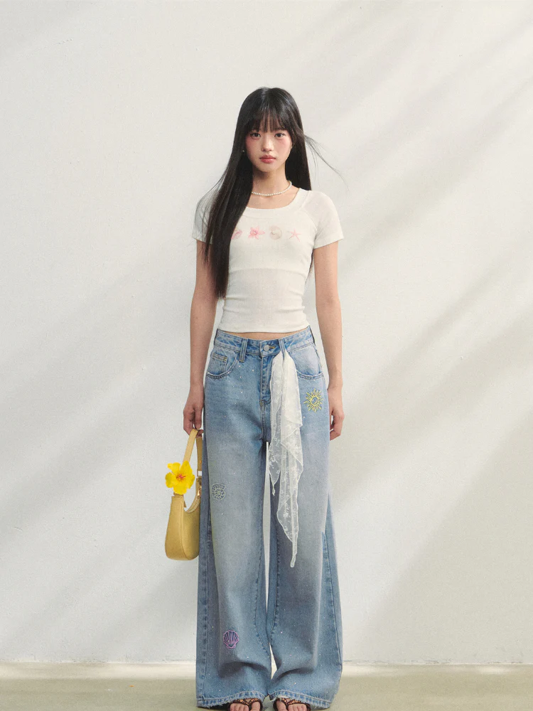 Embroidered Denim Wide-Leg Pants