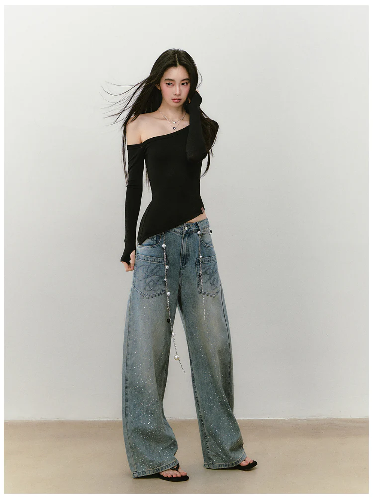 Shimmer Asymmetric Shoulder Irregular T-shirt