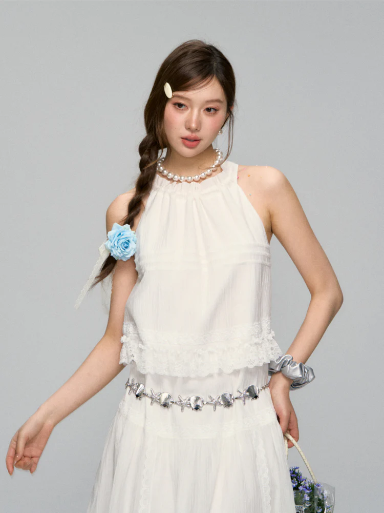 Halter Off-shoulder Lace-trimmed Dress