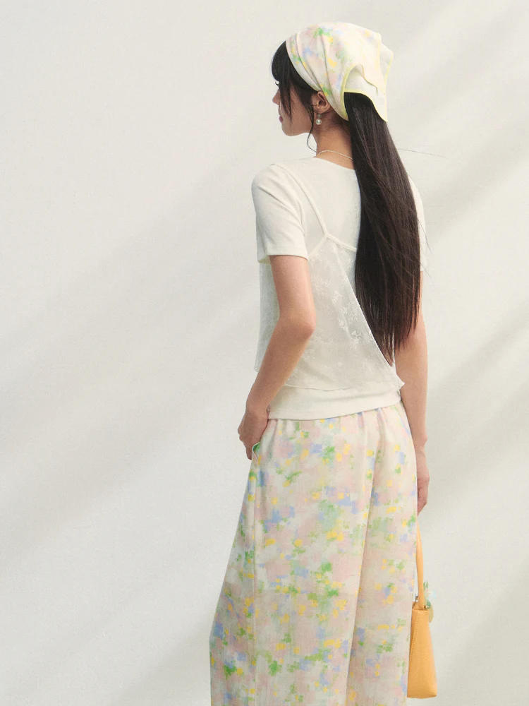 Lace-Trimmed Waist-Tie Wide-Leg Pants