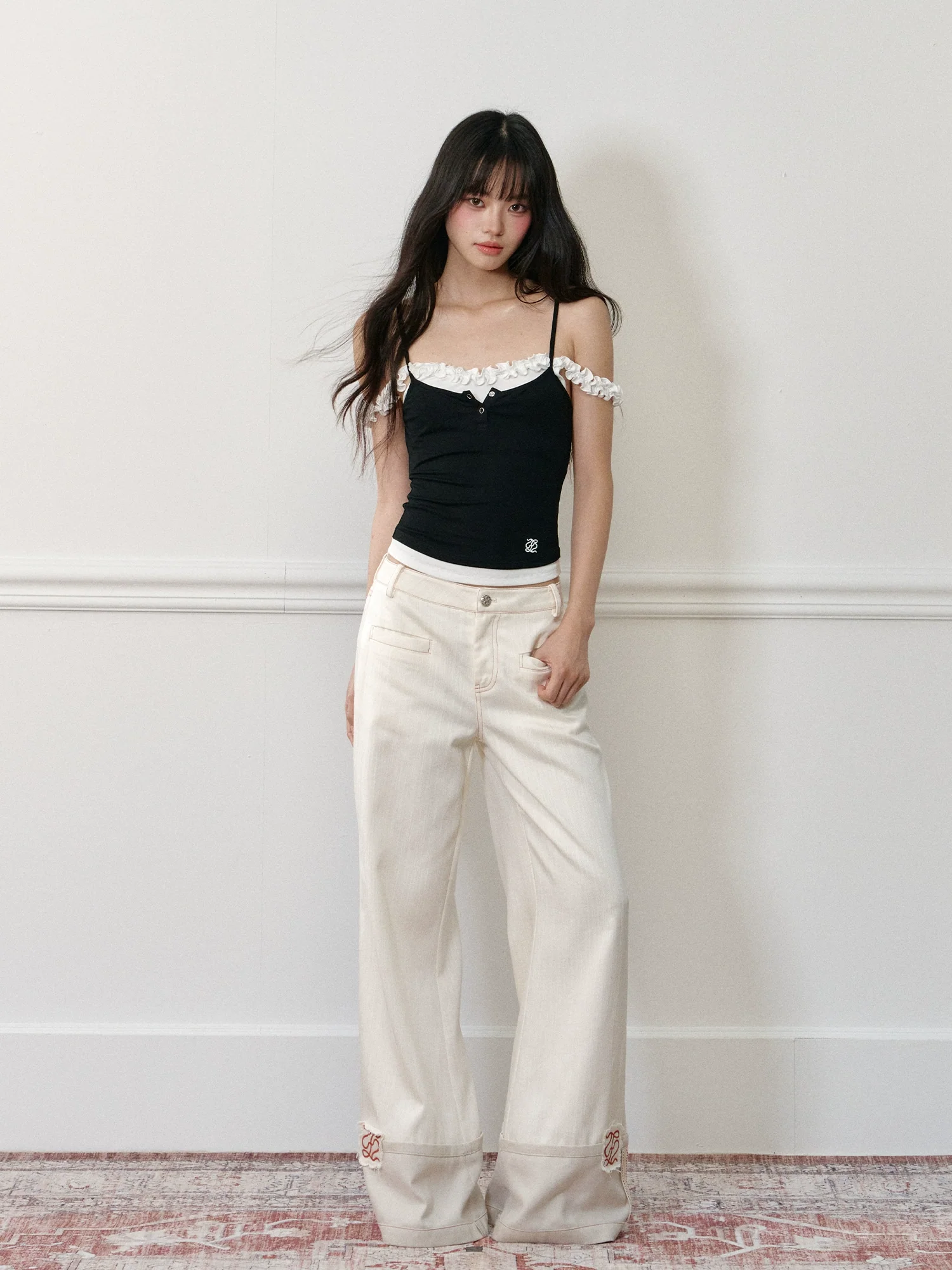 Applique Embroidered Cuffed Color - Block Jeans