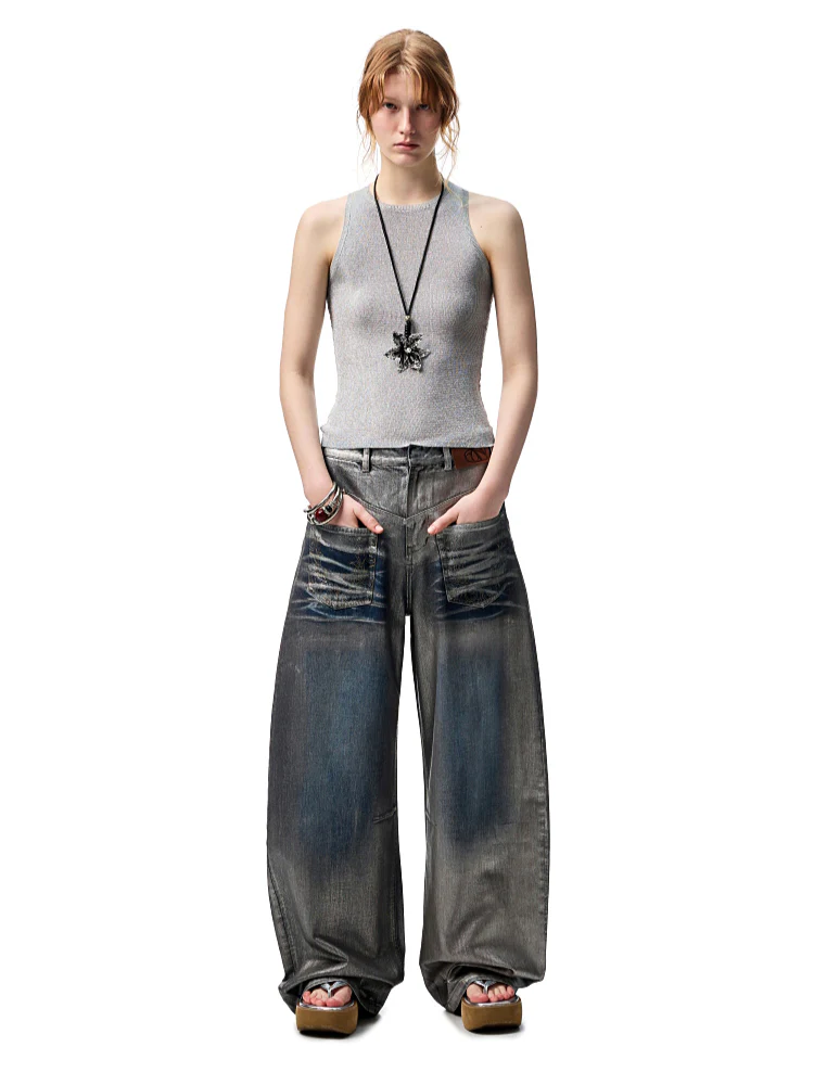 Silver-Foil Embroidered Straight-Leg Denim Curved Pants