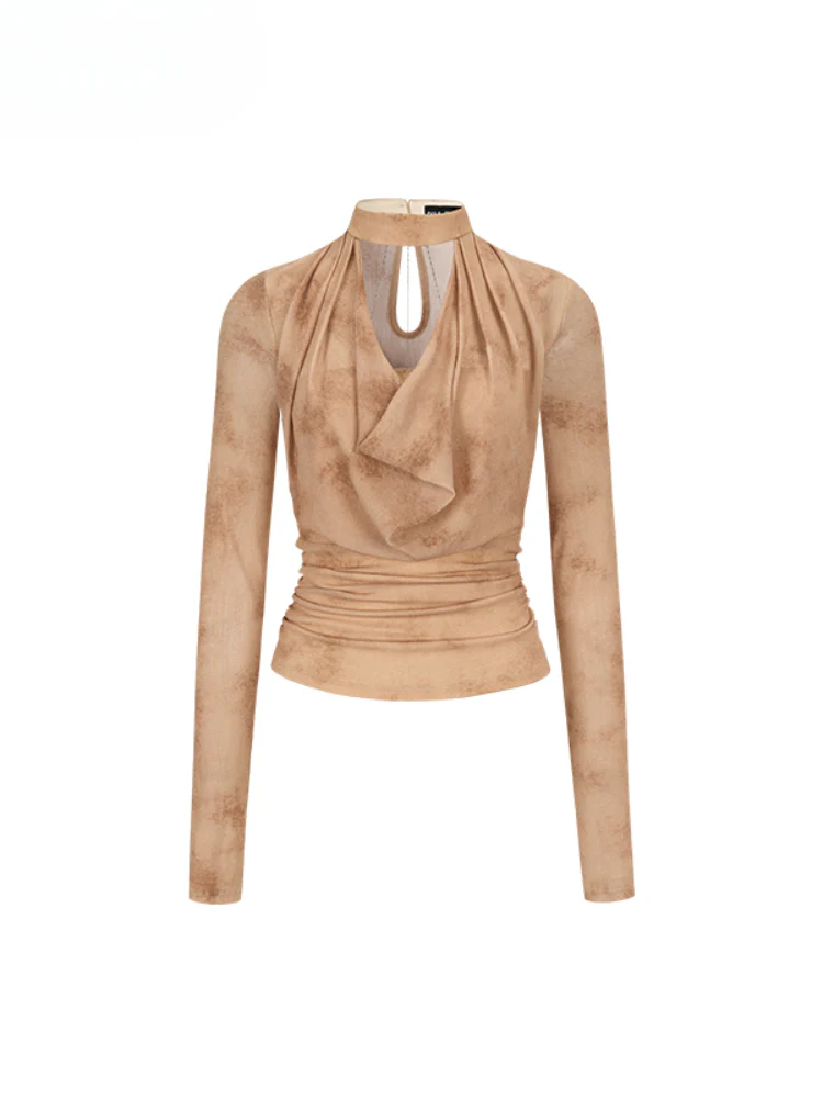 Chain Halter Draped Neck Fitted T-shirt