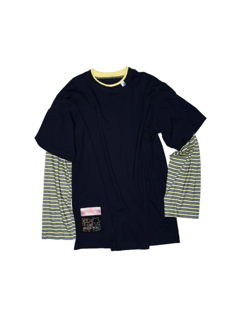Fake Two-Piece Contrast Color Loose Striped T-Shirt