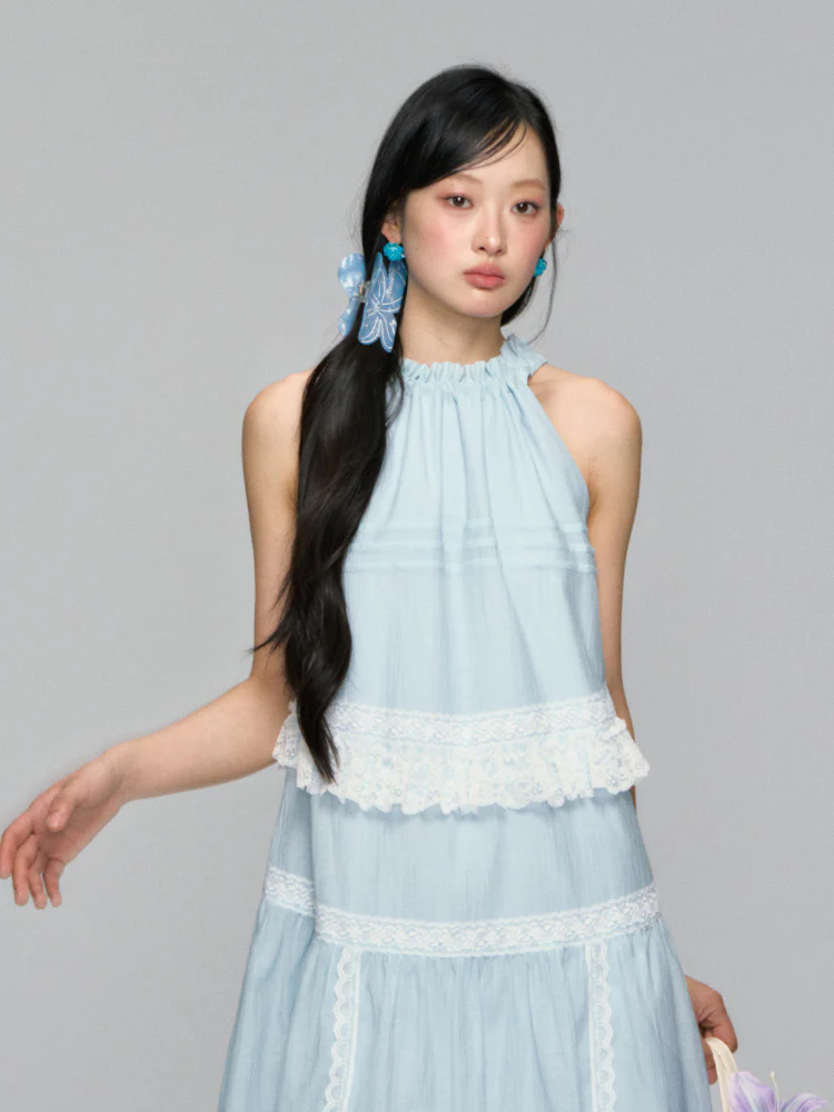 Halter Off-shoulder Lace-trimmed Dress