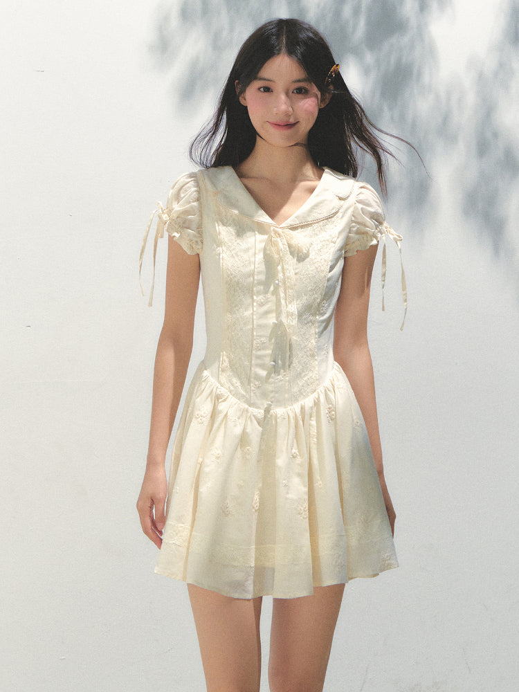 Embroidered Shirt-Collar Tea-Break Dress