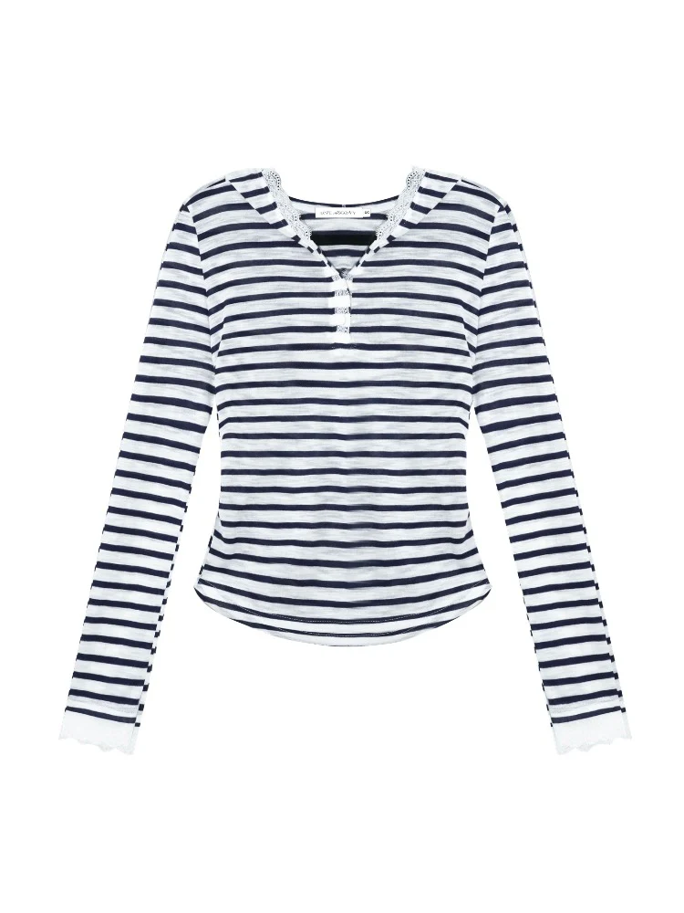 Striped Color-block Lace Spliced T-Shirt