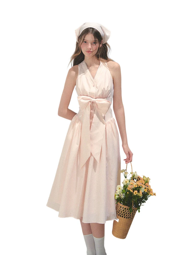 Halter V-neck Sling Bow Dress