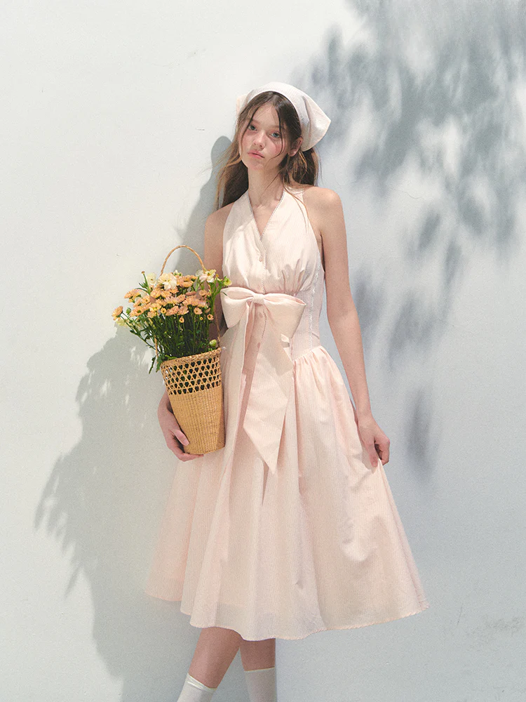 Halter V-neck Sling Bow Dress