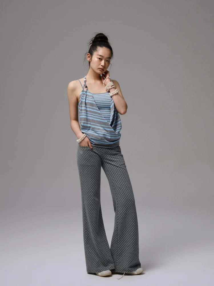 Blue-Gray Striped Two-Way Beaded Swing Collar Tank Top