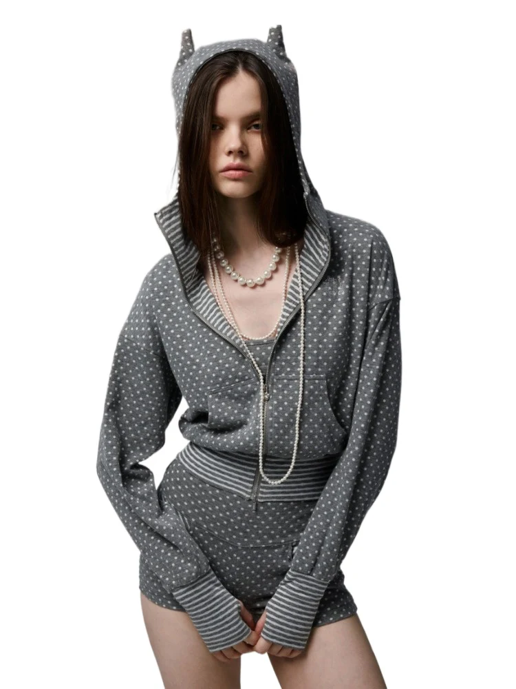 Double-Slider Small Polka Dot Devil Horn Hoodie