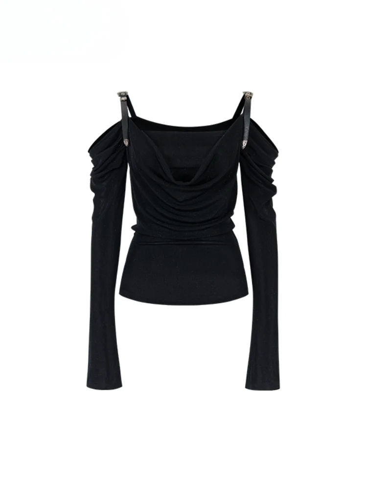 Draped Neck Leather Strap Acetate One-shoulder T-shirt