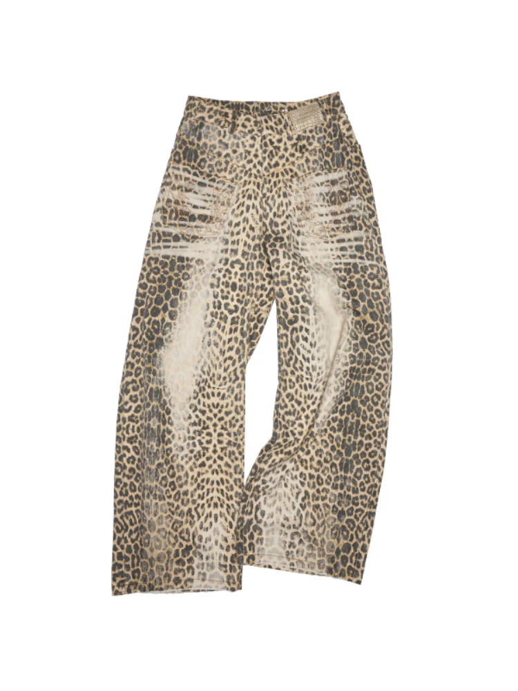 Washed Leopard Print Canvas Curved Pants