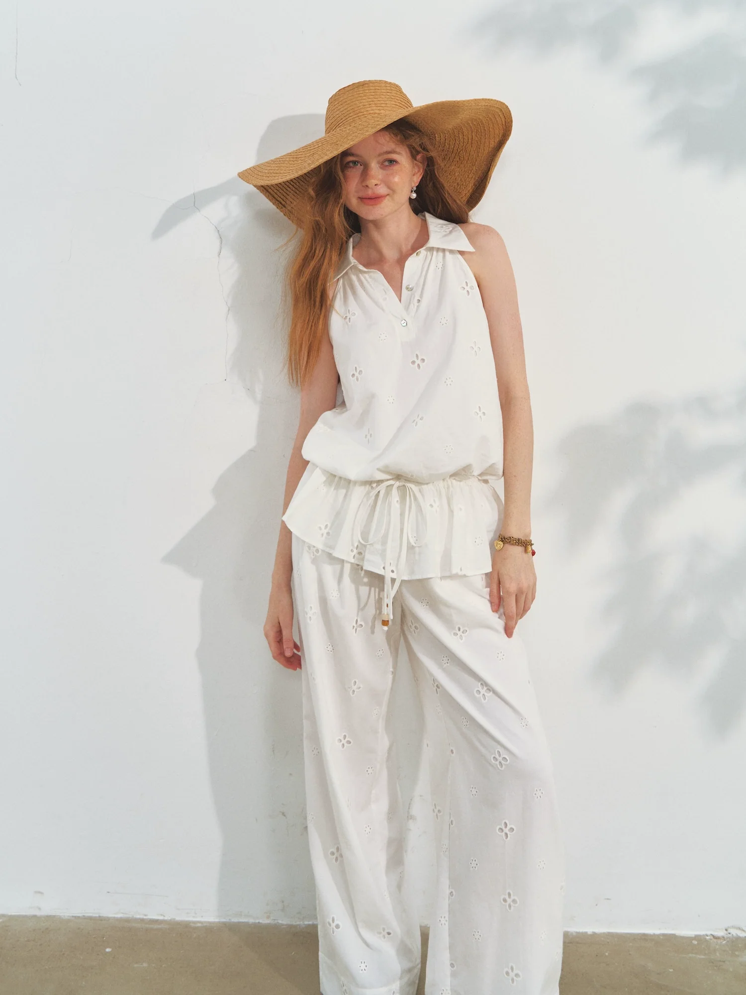 High-Waisted Drawstring Straight Wide-Leg Pants