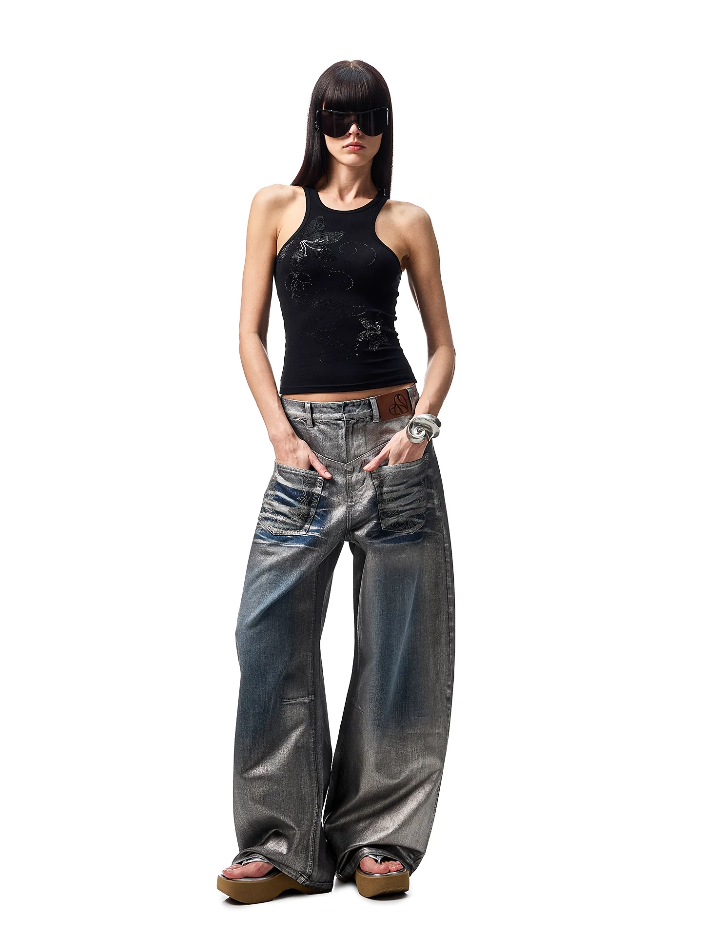 Silver-Foil Embroidered Straight-Leg Denim Curved Pants