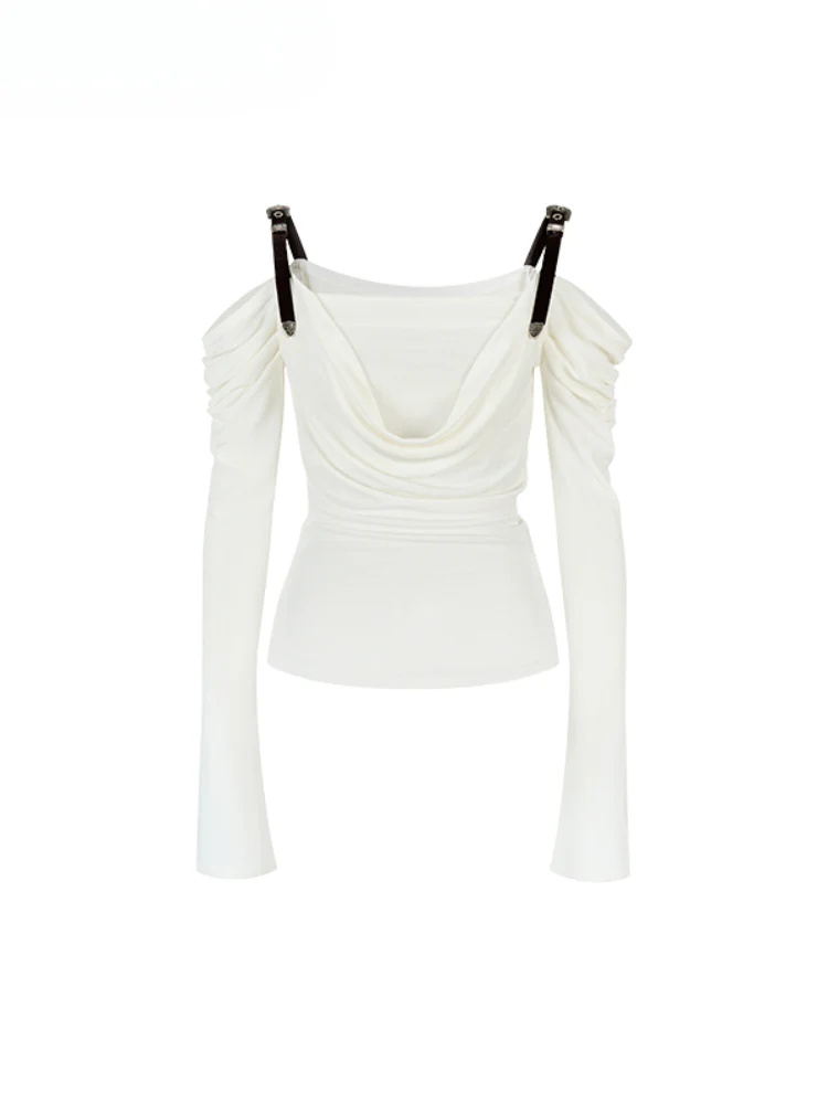 Draped Neck Leather Strap Acetate One-shoulder T-shirt