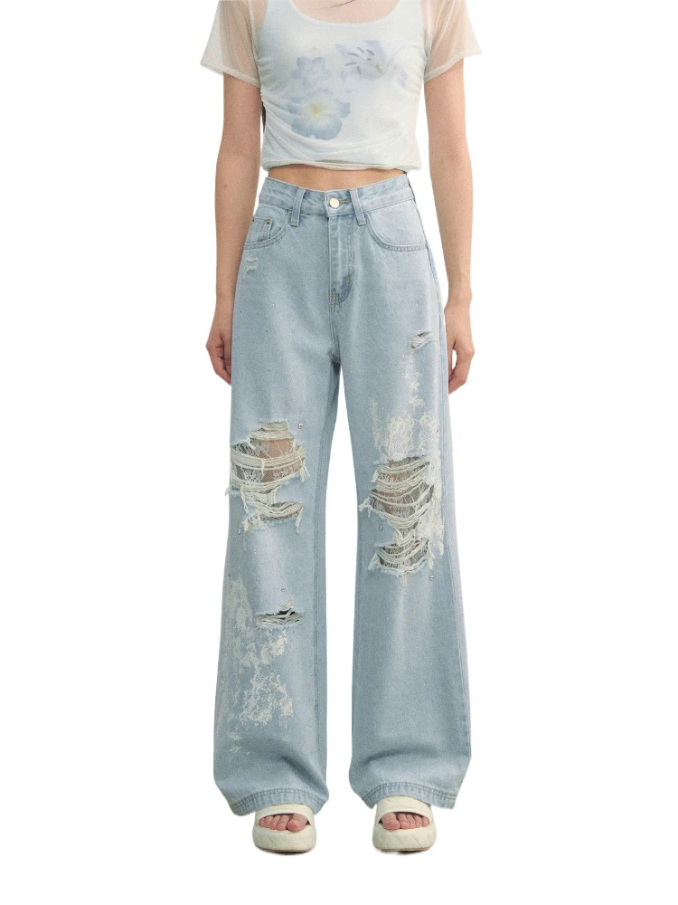 Lace-Trimmed Printed Rhinestone-Embellished Jeans