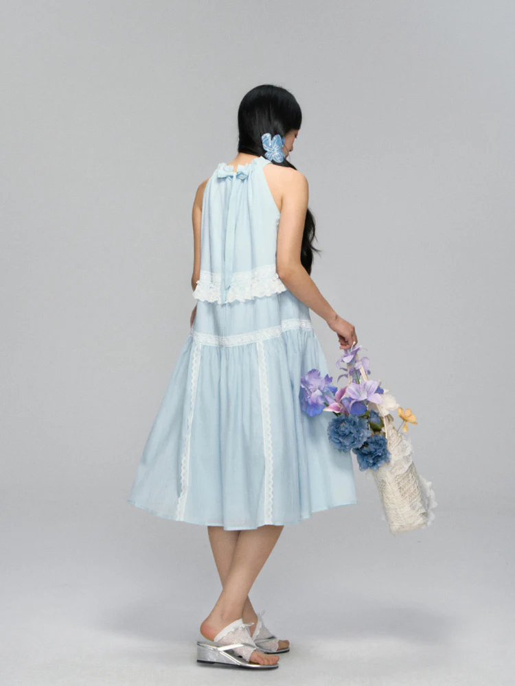 Halter Off-shoulder Lace-trimmed Dress