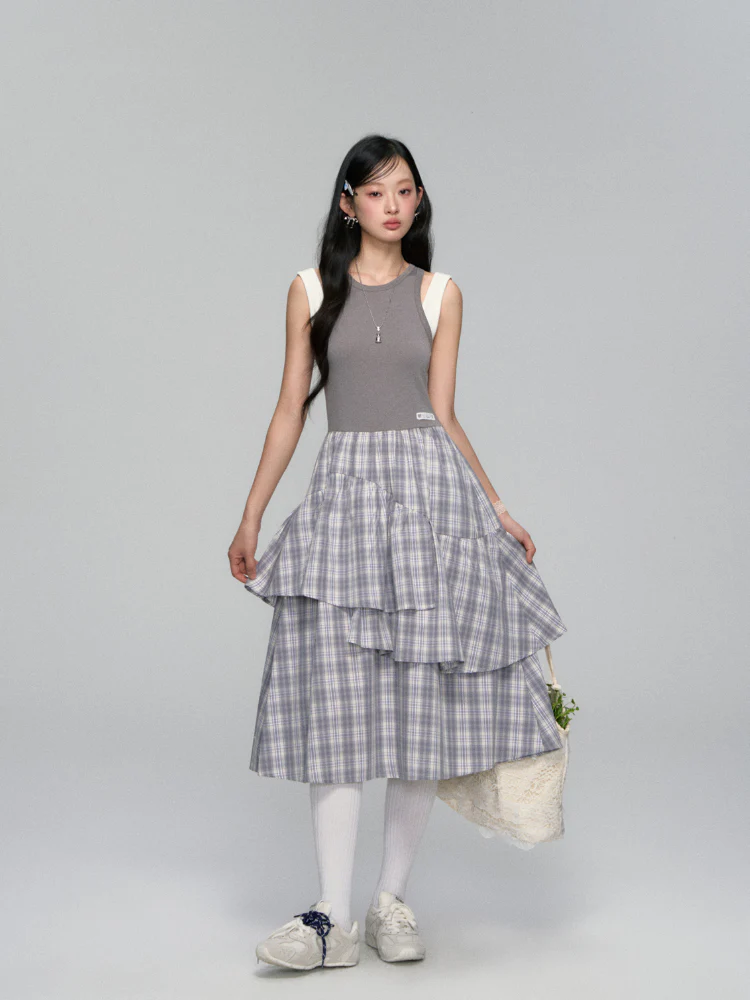 Plaid Asymmetric Sleeveless Vest Dress