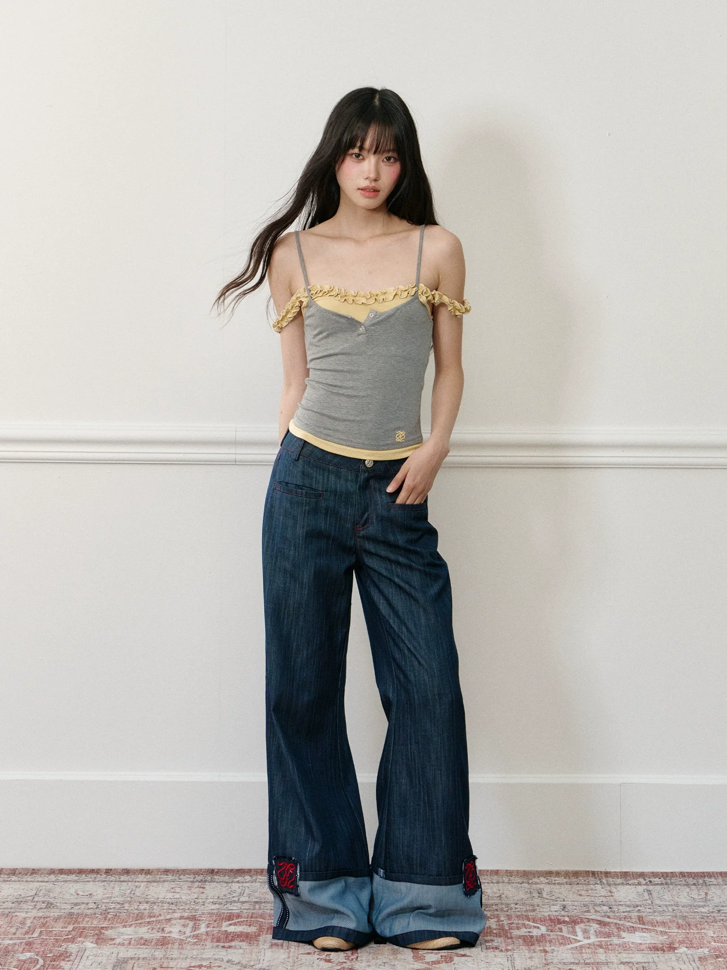 Applique Embroidered Cuffed Color - Block Jeans