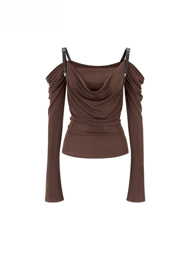 Draped Neck Leather Strap Acetate One-shoulder T-shirt