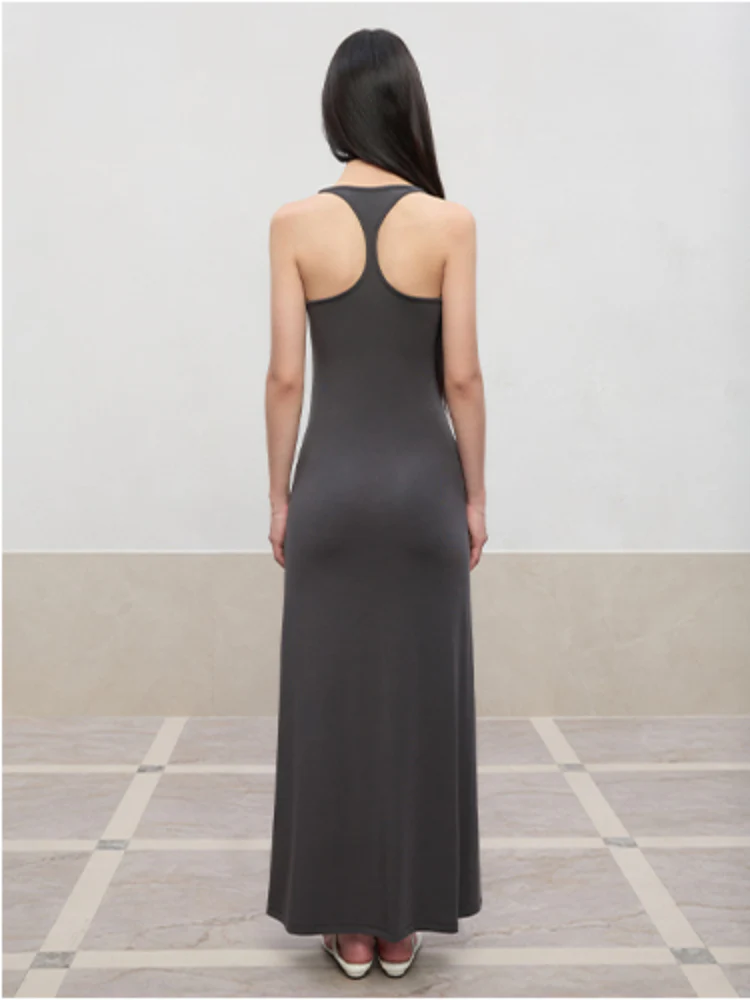 Deep U-Neck Button-Strapped Dress