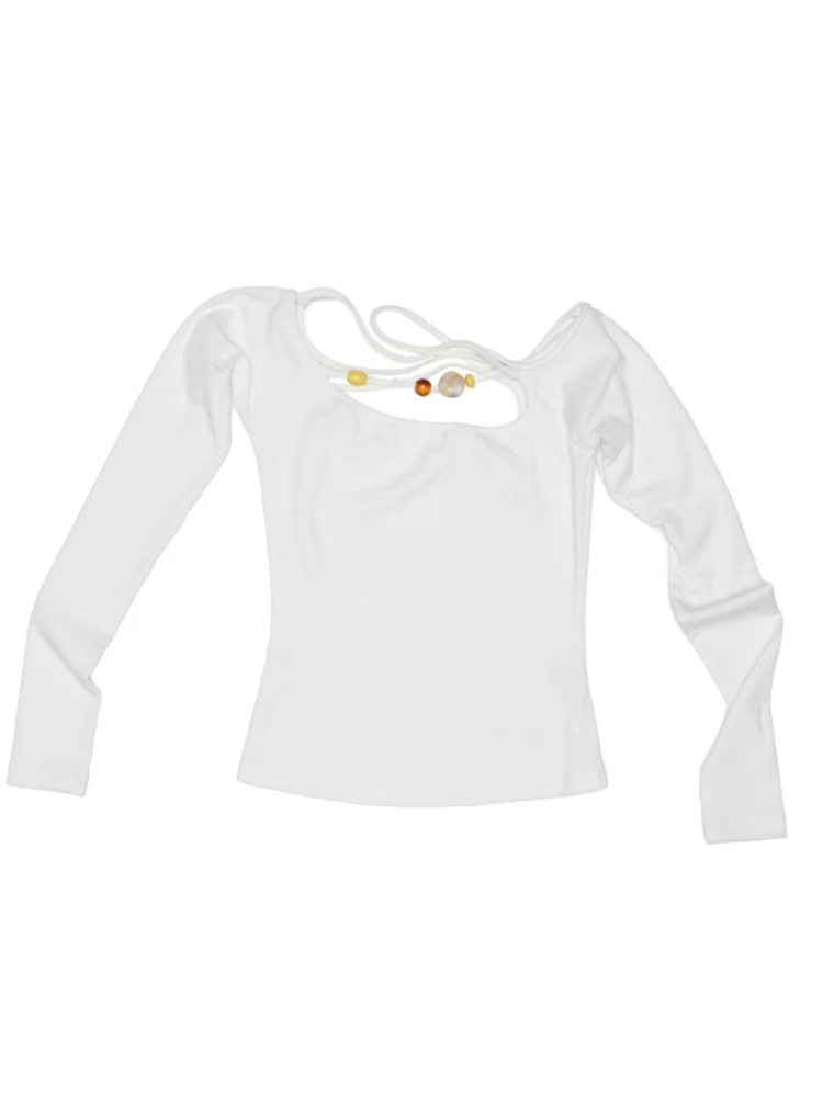 One-Shoulder Beaded Strappy Solid Color T-Shirt