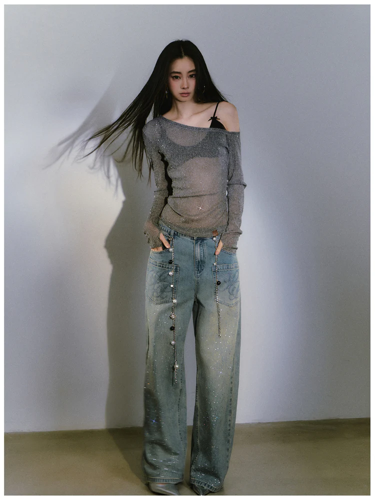 Hot-fix Rhinestone Asymmetric Shoulder Fitted T-shirt