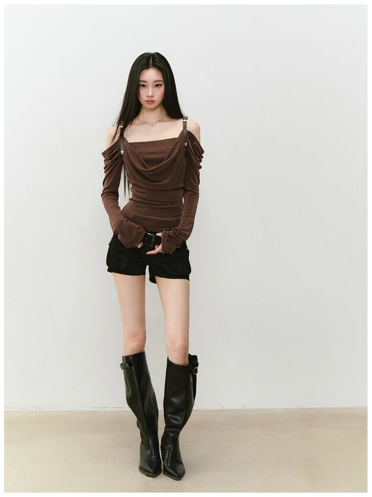 Draped Neck Leather Strap Acetate One-shoulder T-shirt