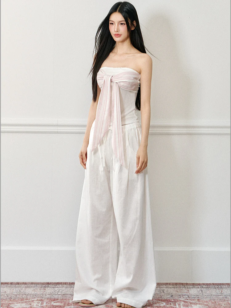 Linen Elastic Drawstring Wide-Leg Pants