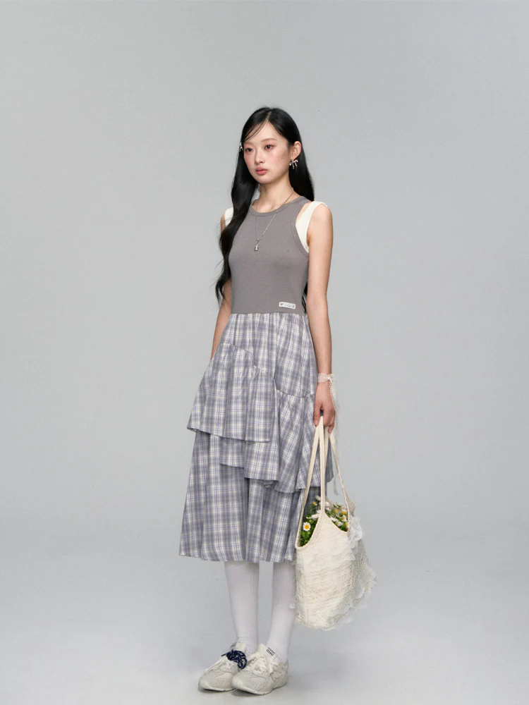 Plaid Asymmetric Sleeveless Vest Dress