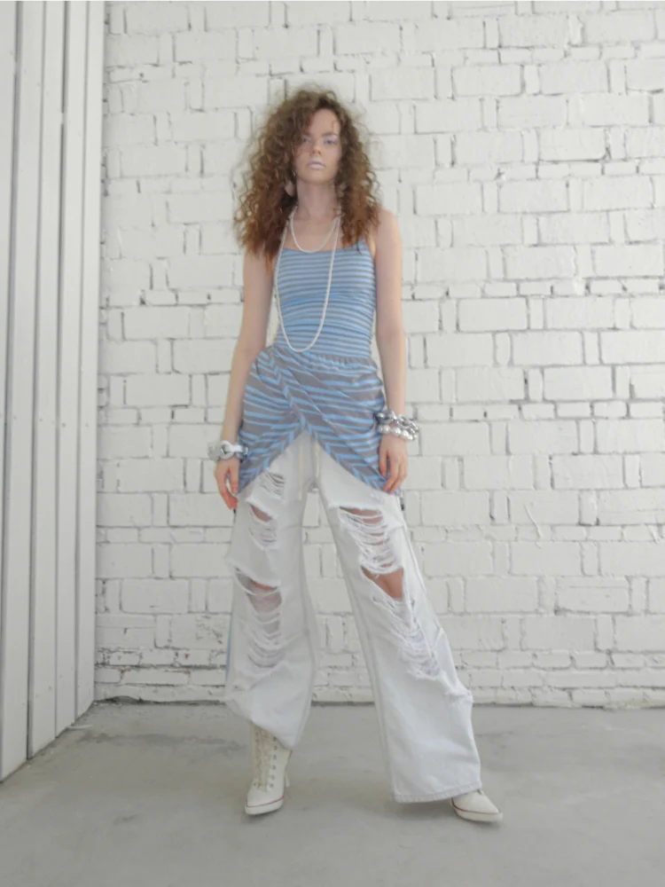 Blue-Gray Striped Two-Way Beaded Swing Collar Tank Top