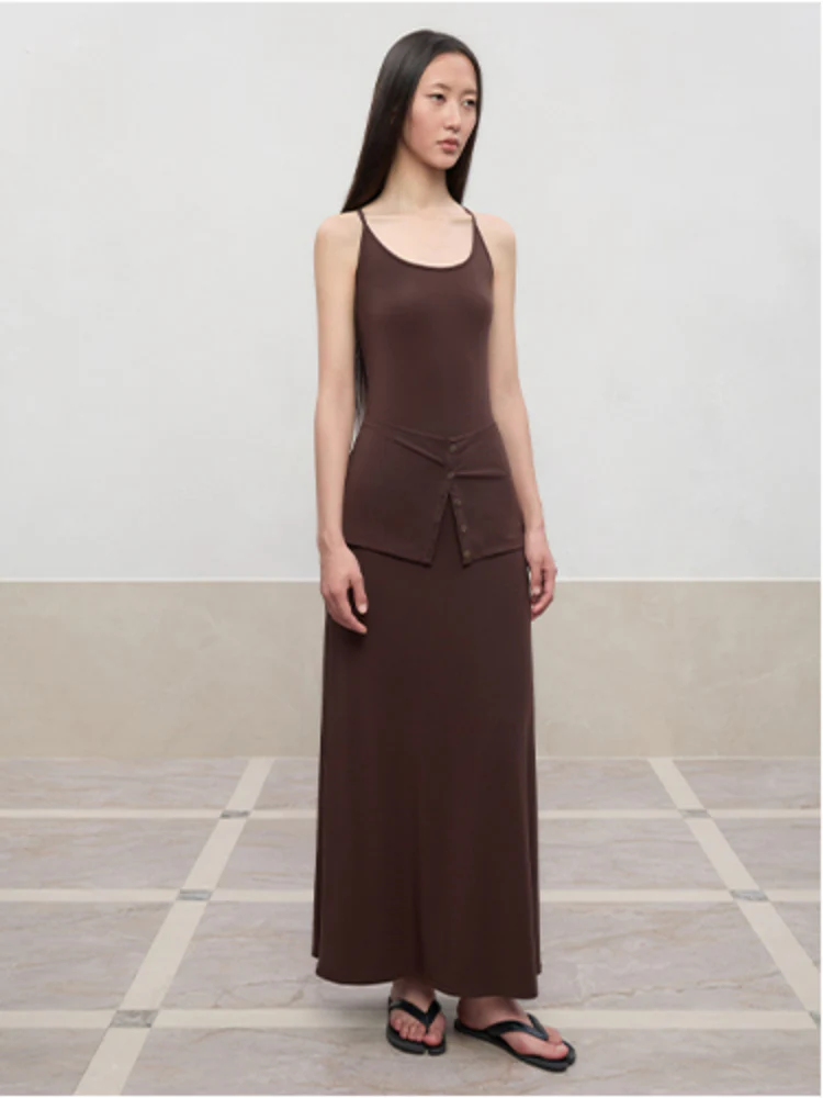 Deep U-Neck Button-Strapped Dress